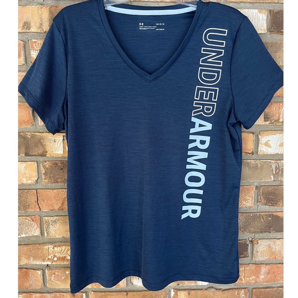 Under Armour Women’s Blue HeatGear V-Neck Graphic Short Sleeve Tee Size Large - Picture 5 of 6